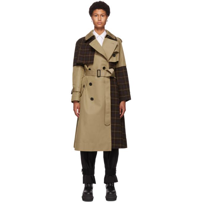 Sacai Beige Windowpane Check Panel Two-Tone Trench Coat