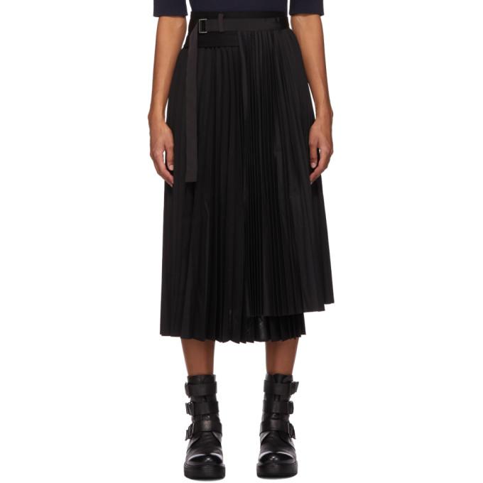 Sacai Black Two Panel Pleated Wrap Skirt