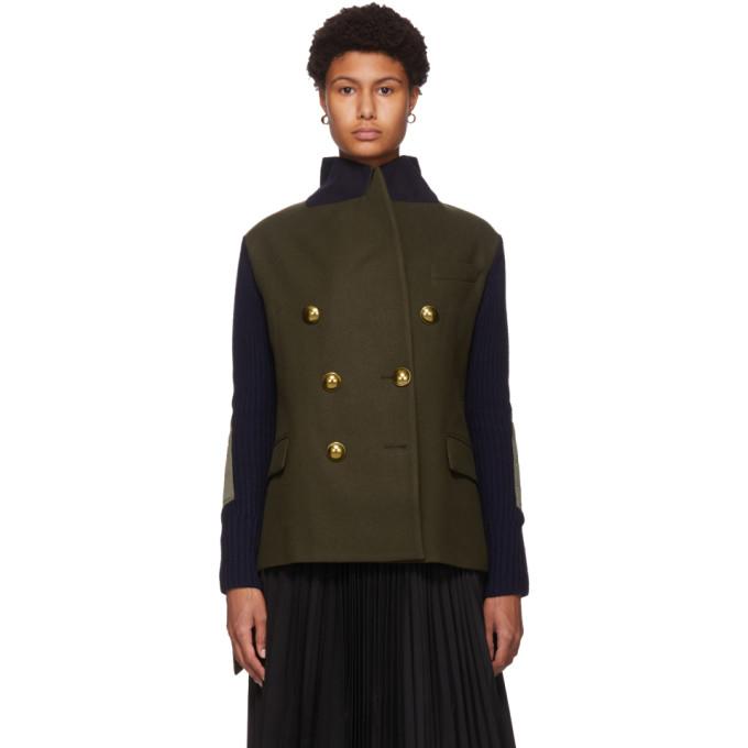 Sacai Khaki and Navy Wool and Knit Blazer