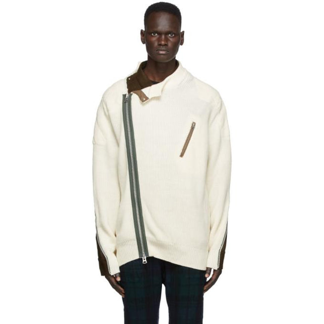 Sacai Off-White and Khaki Wool Knit Blouson Sweater