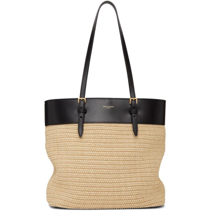 Saint Laurent Beige and Black Raffia Mini East/West Tote