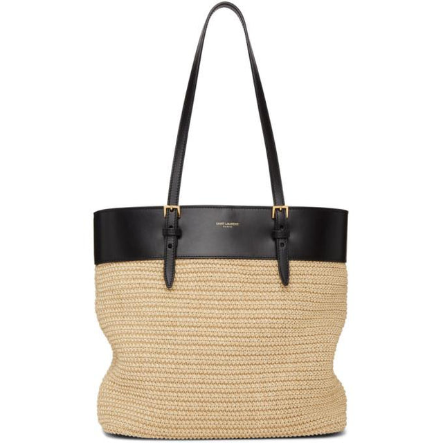 Saint Laurent Beige and Black Raffia Mini East/West Tote