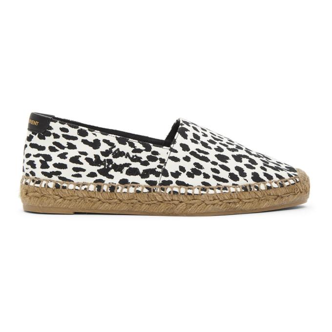 Saint Laurent Black and White Babycat-Print Embroidered Espadrilles