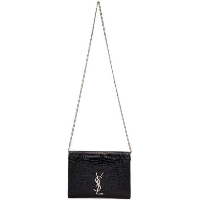 Saint Laurent Black Croc Cassandra Chain Wallet Bag