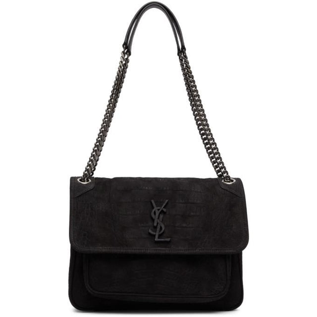 Saint Laurent Black Croc Suede Medium Niki Bag