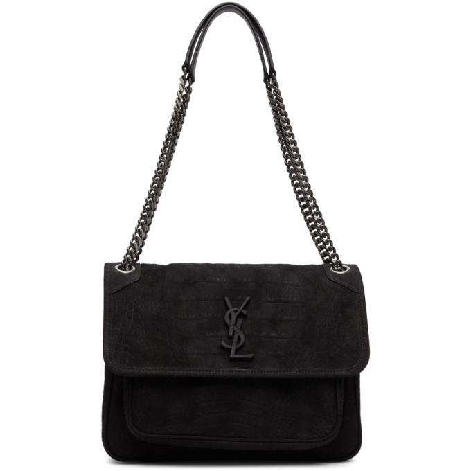 Saint Laurent Black Croc Suede Medium Niki Bag