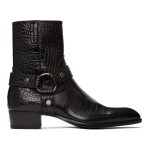 Saint Laurent Black Croc Wyatt Harness Boots