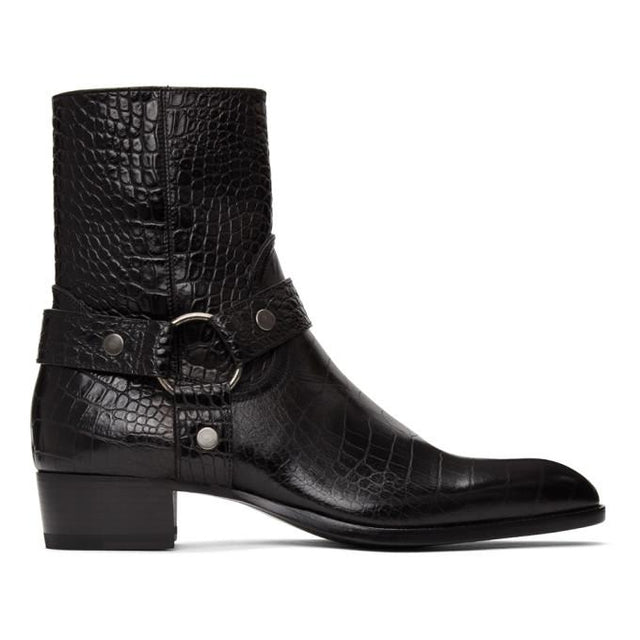 Saint Laurent Black Croc Wyatt Harness Boots