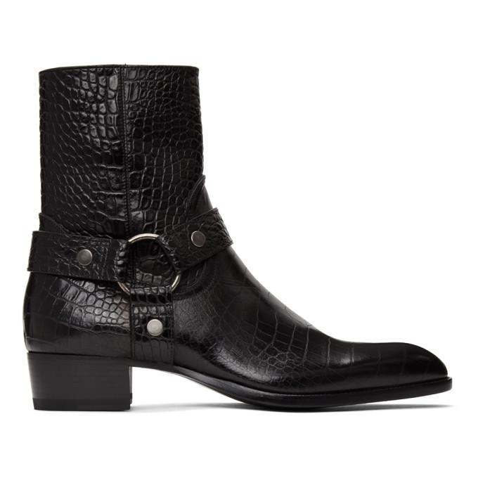 Saint Laurent Black Croc Wyatt Harness Boots