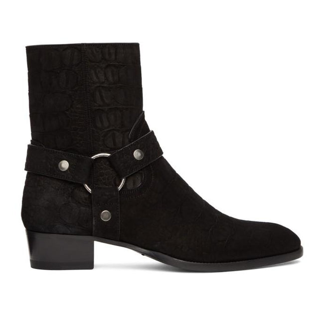 Saint Laurent Black Croc Wyatt Harness Boots