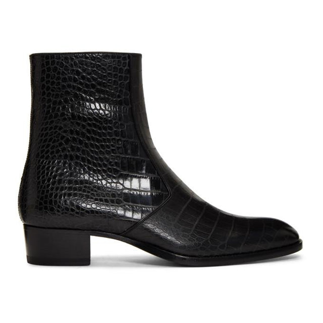 Saint Laurent Black Croc Wyatt Zip Boots