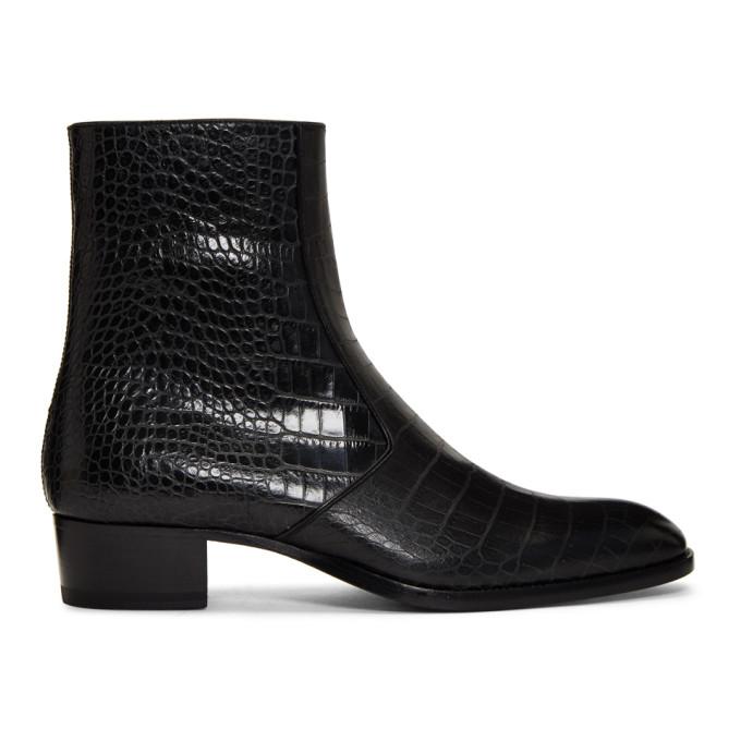 Saint Laurent Black Croc Wyatt Zip Boots