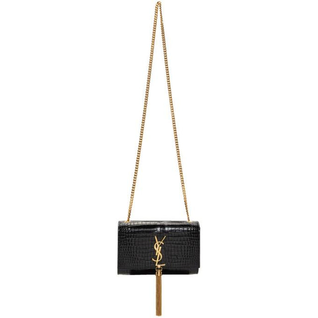 Saint Laurent Black Small Croc Kate Tassel Bag