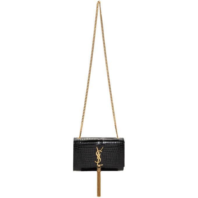 Saint Laurent Black Small Croc Kate Tassel Bag