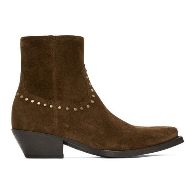 Saint Laurent Brown Suede Studded Lukas Boots