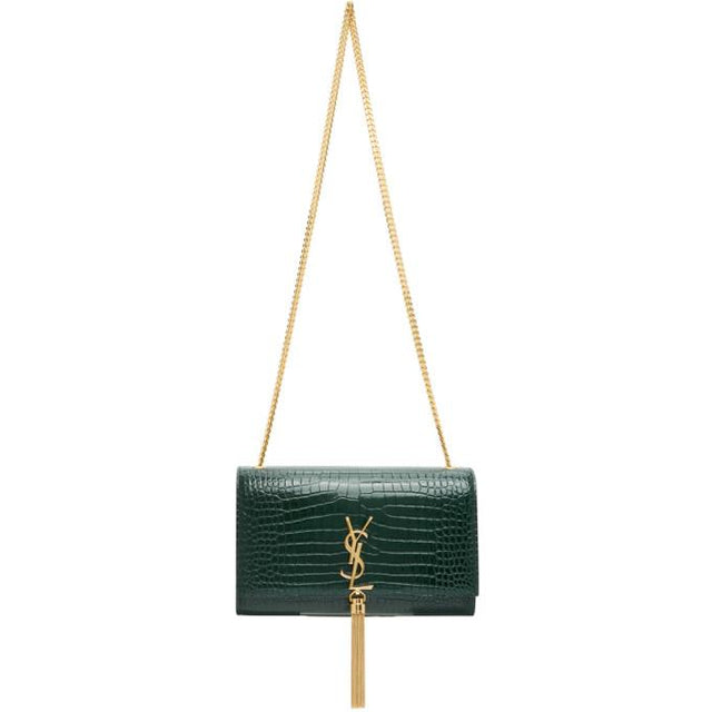 Saint Laurent Green Croc Medium Kate Tassel Wallet Bag