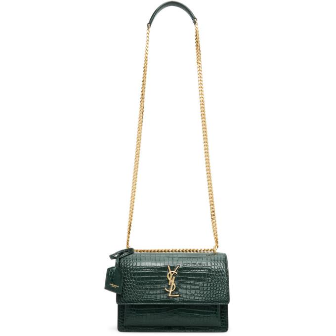Saint Laurent Green Croc Medium Sunset Bag