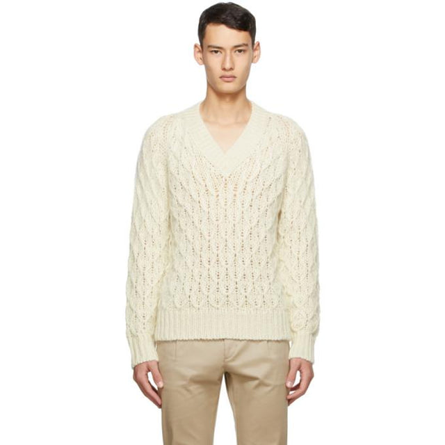 Saint Laurent Off-White Wool and Mohair V-Neck Sweater