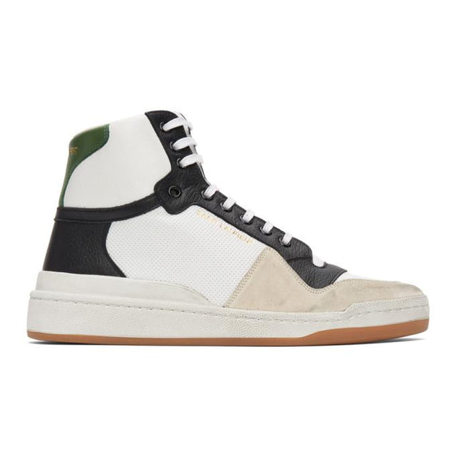Saint Laurent White and Green Paneled High-Top Sneakers