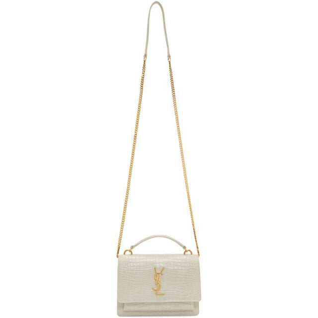 Saint Laurent White Croc Sunset Chain Wallet Bag