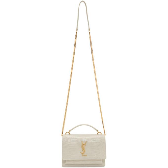 Saint Laurent White Croc Sunset Chain Wallet Bag