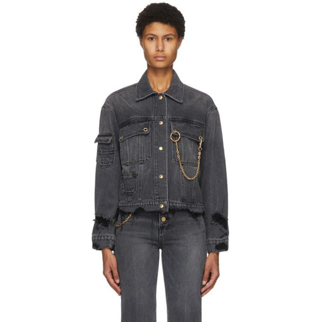 SJYP Black Denim Distressed Jacket