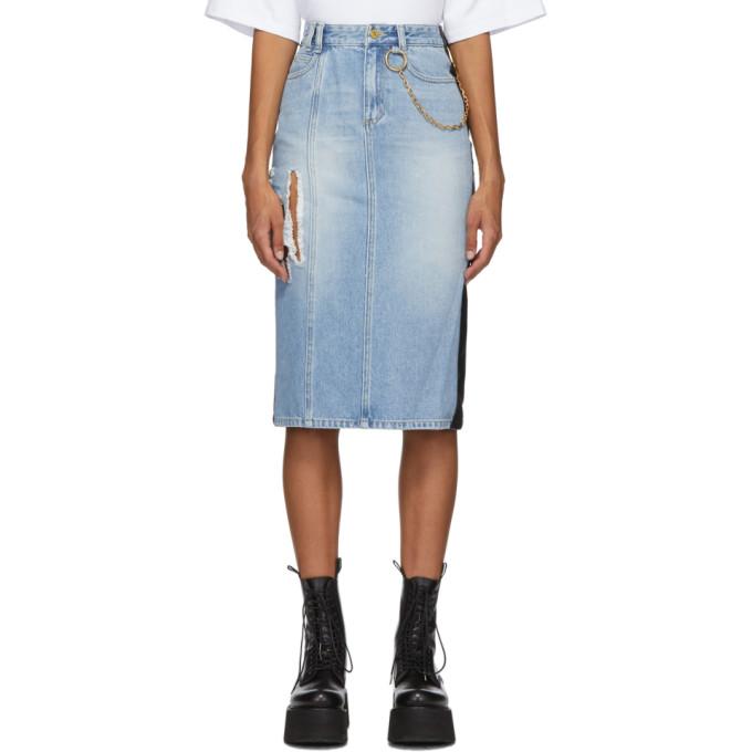 SJYP Blue Denim and Faux Leather Pencil Skirt