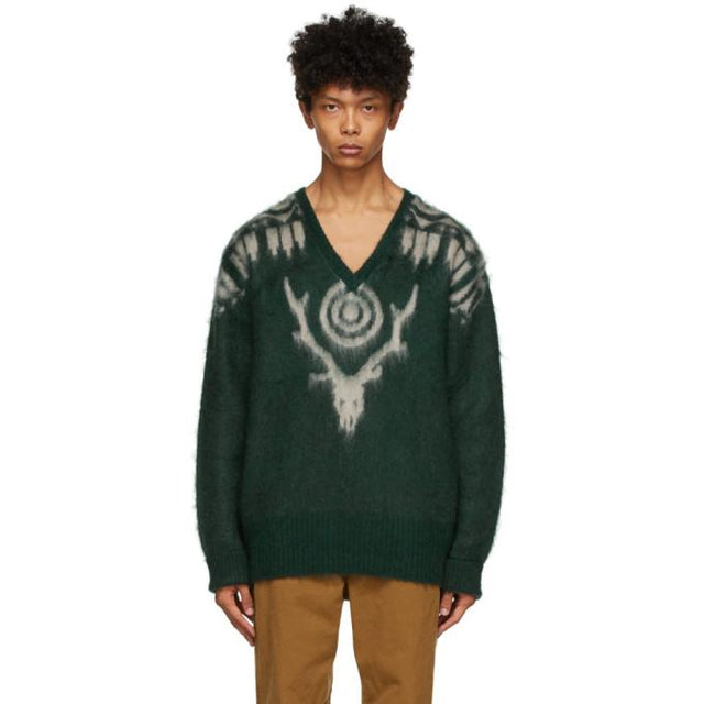South2 West8 Green Mohair V-Neck Sweater