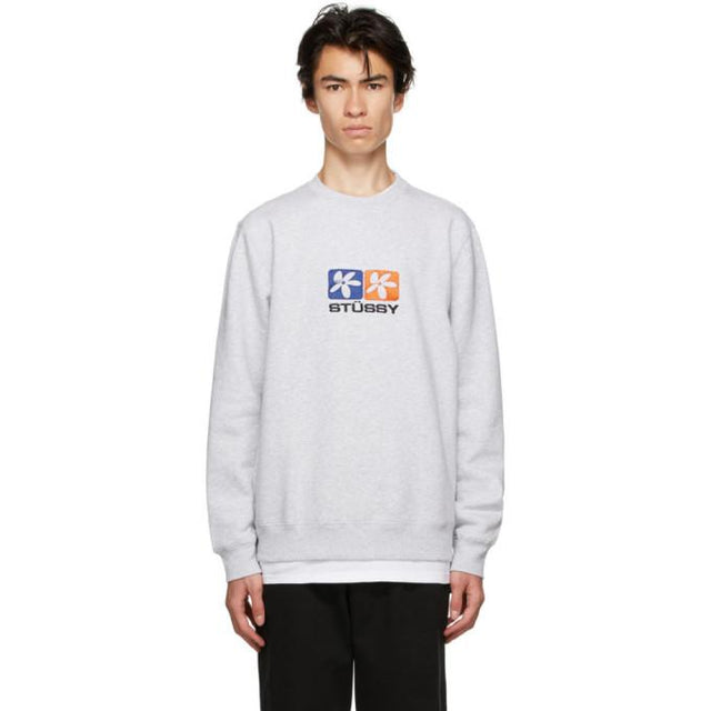 Stussy Grey 2 Flowers Crew Sweatshirt