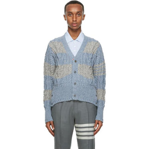 Thom Browne Blue and Grey Mohair Aran Cable 4-Bar Cardigan