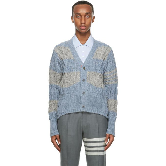 Thom Browne Blue and Grey Mohair Aran Cable 4-Bar Cardigan