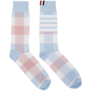 Thom Browne Blue and Pink 4-Bar Check Mid-Calf Socks