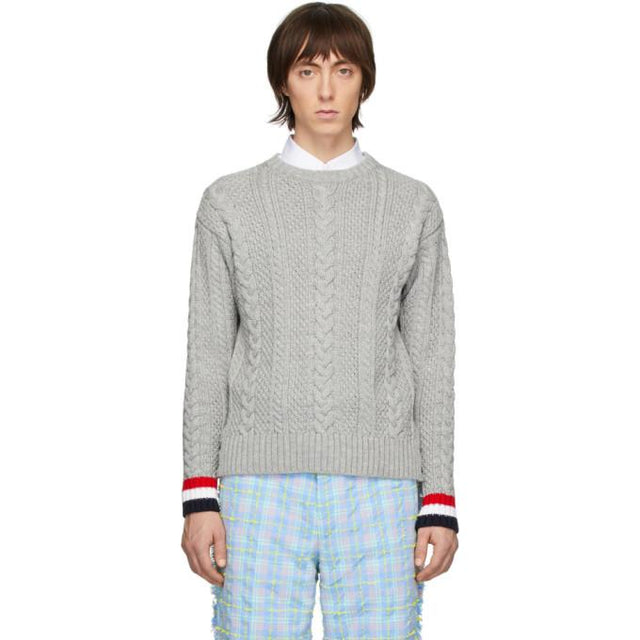 Thom Browne Grey Merino Aran Cable Sweater