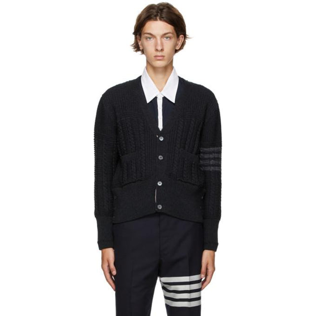Thom Browne Grey Wool Aran Cable 4-Bar Cardigan