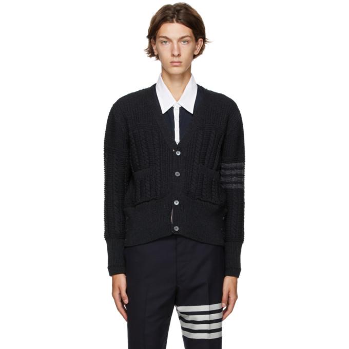 Thom Browne Grey Wool Aran Cable 4-Bar Cardigan