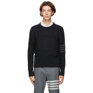 Thom Browne Grey Wool Aran Cable 4-Bar Crewneck Sweater