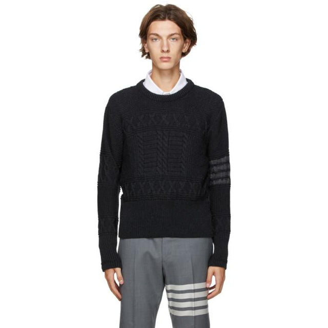 Thom Browne Grey Wool Aran Cable 4-Bar Crewneck Sweater