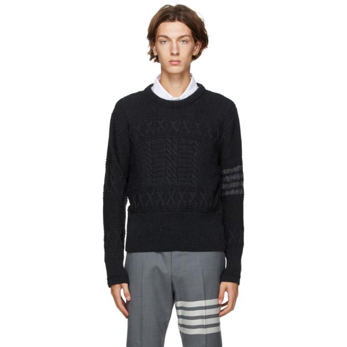 Thom Browne Grey Wool Aran Cable 4-Bar Crewneck Sweater