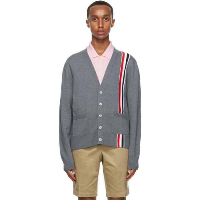 Thom Browne Grey Wool Intarsia Stripe Cardigan