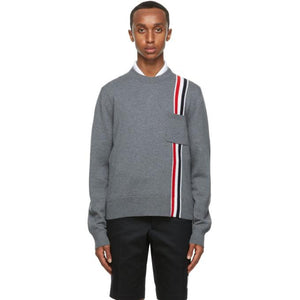 Thom Browne Grey Wool Intarsia Stripe Sweater
