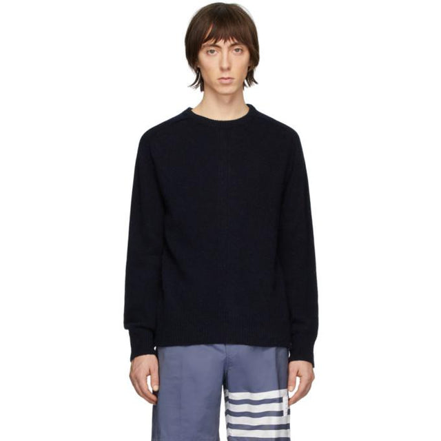 Thom Browne Navy Jersey Stitch Center-Back Stripe Sweater