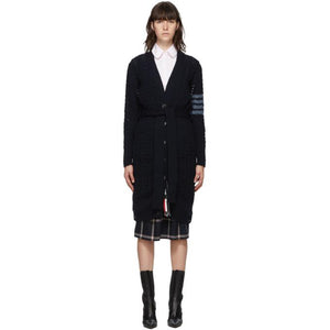 Thom Browne Navy Wool and Mohair Aran Cable 4-Bar Long Cardigan