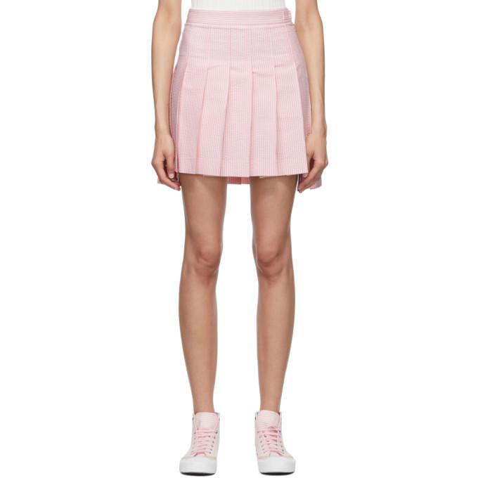 Thom Browne Pink and White Seersucker Pleated Miniskirt