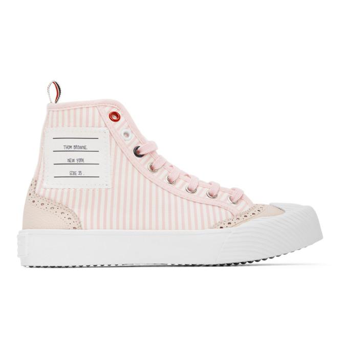 Thom Browne Pink and White Striped Brogued High-Top Sneakers
