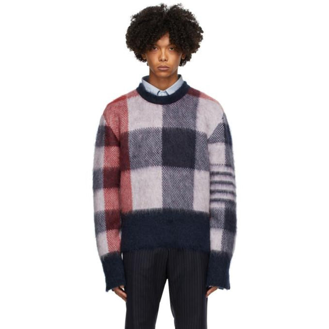 Thom Browne Red and Blue Fun Mix Buffalo Check Sweater
