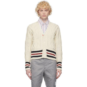 Thom Browne White Aran Cable Stripe Cardigan