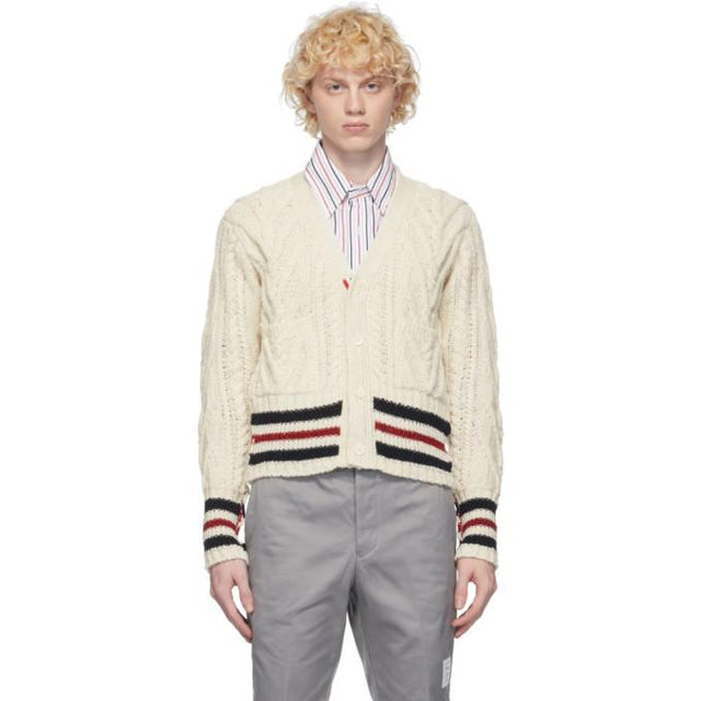 Thom Browne White Aran Cable Stripe Cardigan