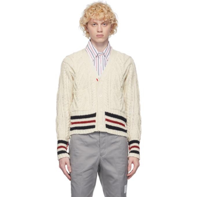 Thom Browne White Aran Cable Stripe Cardigan