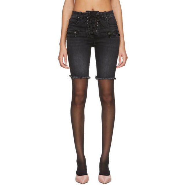 Unravel Black Denim Lace-Up Cyclist Shorts