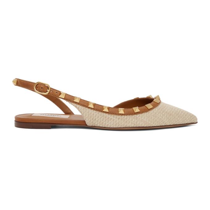 Valentino Beige Valentino Garavani Rockstud Slingback Raffia Ballerina Flats
